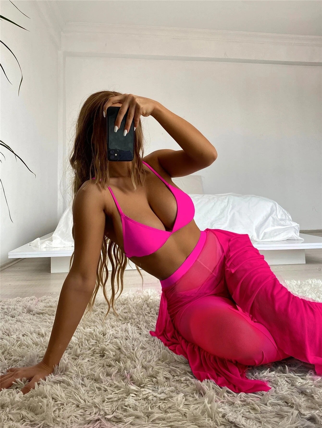 Swimsuit Women Split Three Piece Mesh Solid Color Trousers Bikini