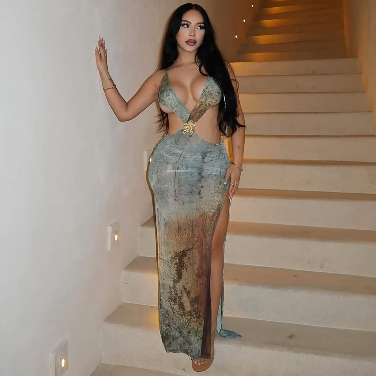 Women Summer Sexy Hollowed Printing Slim Fit Slit Dress