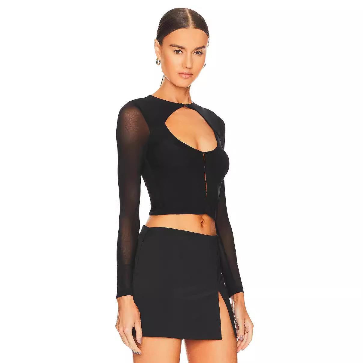 Black Long Sleeve Mesh Design Blouse Women Autumn Slim Fit Cardigan Buckle T shirt