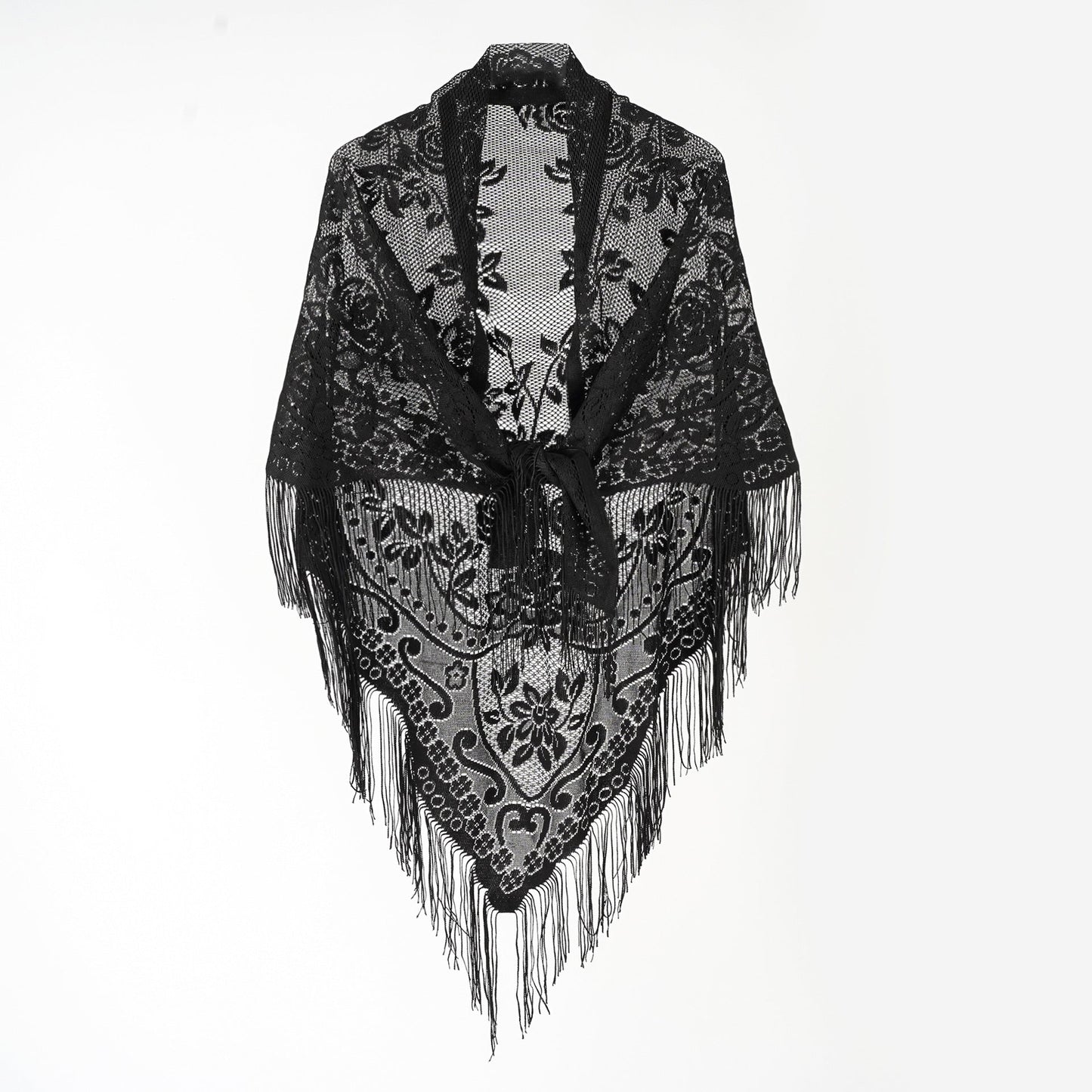 Nylon Hollow Out Cutout Breathable Tassel Triangle Shawl Women Scarf