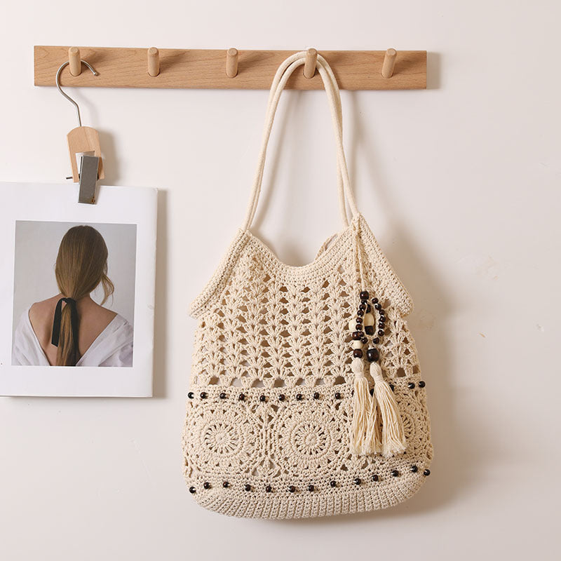 Wooden Bead Tassel Shoulder Cotton Thread Woven Bag Hollow Out Cutout Straw Bag Vacation Beach Bag Women Bag