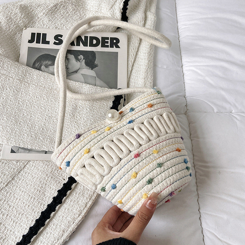 Crossbody Straw Bag Cotton Thread Woven Bag Mobile Phone Change Key Case Hollow Out Cutout Cotton Thread Woven Bag Casual Cute Women