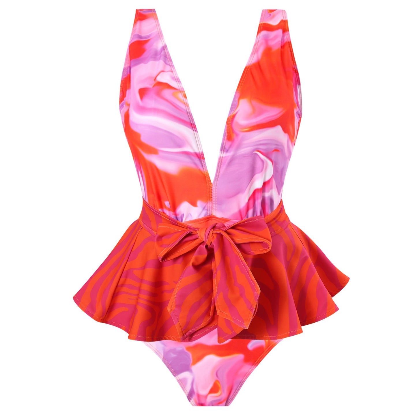 Retro One Piece Swimsuit Women Deep V Plunge Lace up Chiffon Skirt Set