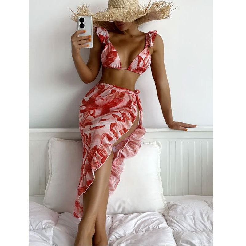 Women Clothing Sexy Bikini Ruffled Tied Apron Three Suits Swimsuit Tie Dye