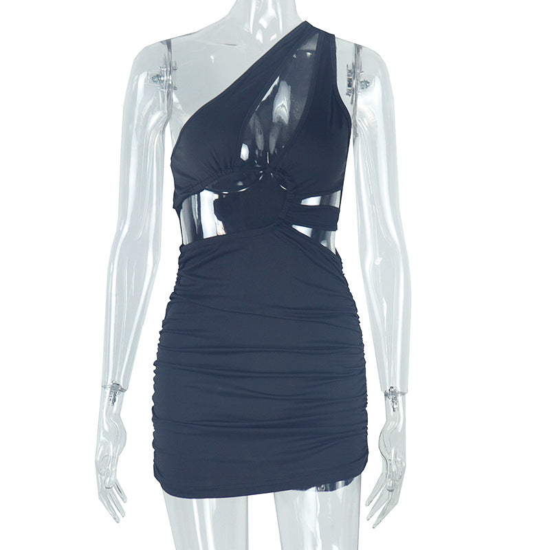 Casual Women Clothing Hollow Out Cutout Comfortable Elegant Simple Solid Color Hip dress Sleeveless Diagonal Collar Short Dress