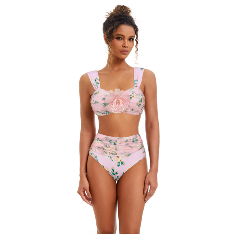 Floral Decorative Mesh Split Swimsuit Women High Waist Bikini Umbrella Skirt