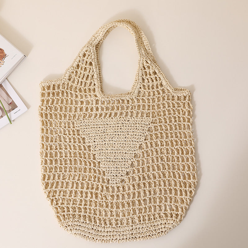 Large Capacity Hollow Out Cutout Straw Bag Fresh Candy Color One Shoulder Tote Woven Bag Portable Women Beach Bag