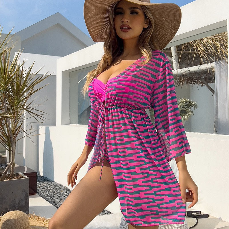 Lonkey Mesh Three Piece Swimsuit Women's Digital Printing Twist Bag Sun Protection Clothing