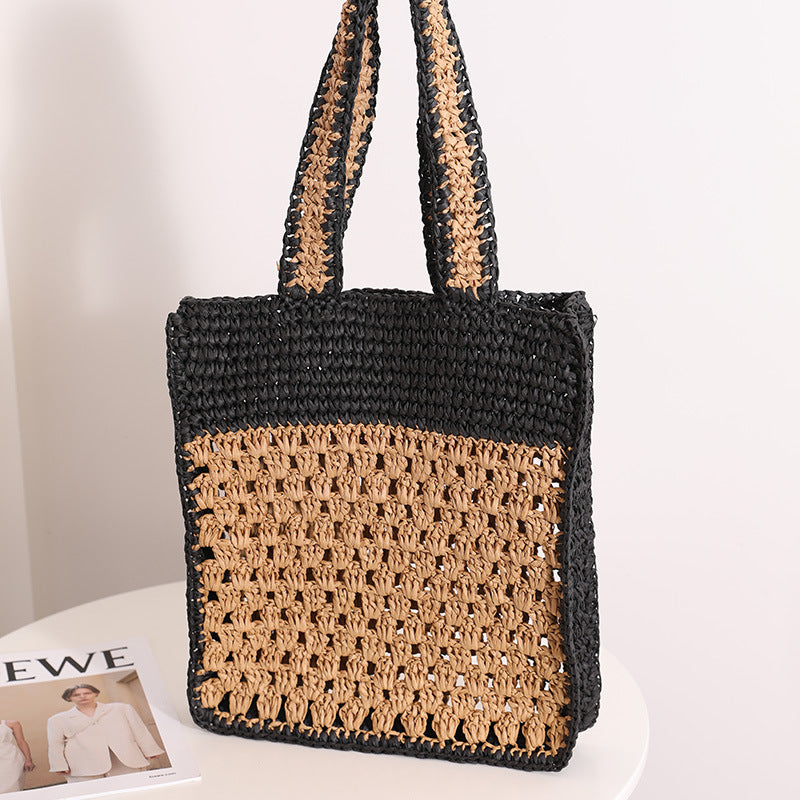 Color Matching Hollow Out Cutout out Crochet Shoulder Straw Bag Special Interest Design Hand Woven Bag Seaside Vacation Beach Bag