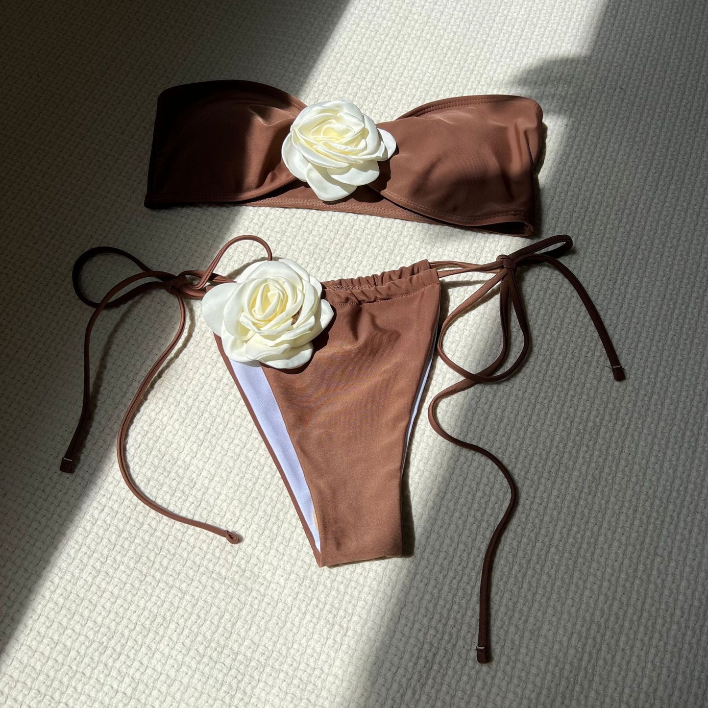 Solid Color Rose Tube Top Drawstring Strap Split Swimsuit Bikini
