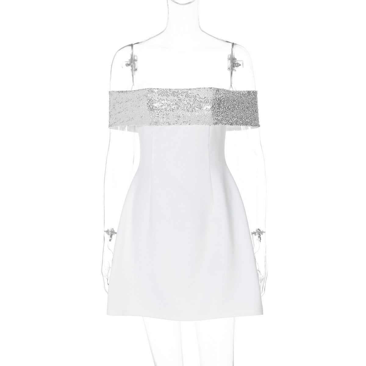 Women Clothing Winter Fashionable Elegant Sexy Slim Fitting Patchwork off the Shoulder Gown Dress