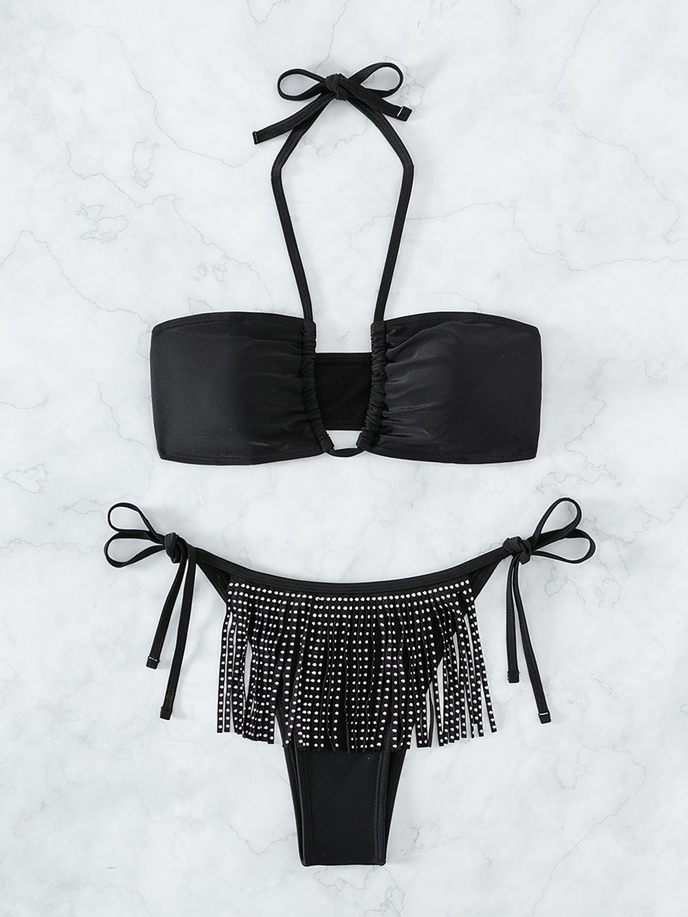 Tassel Rhinestone Sexy Tube Top Strappy V neck Halter Three Point Swimsuit Beach Bikini