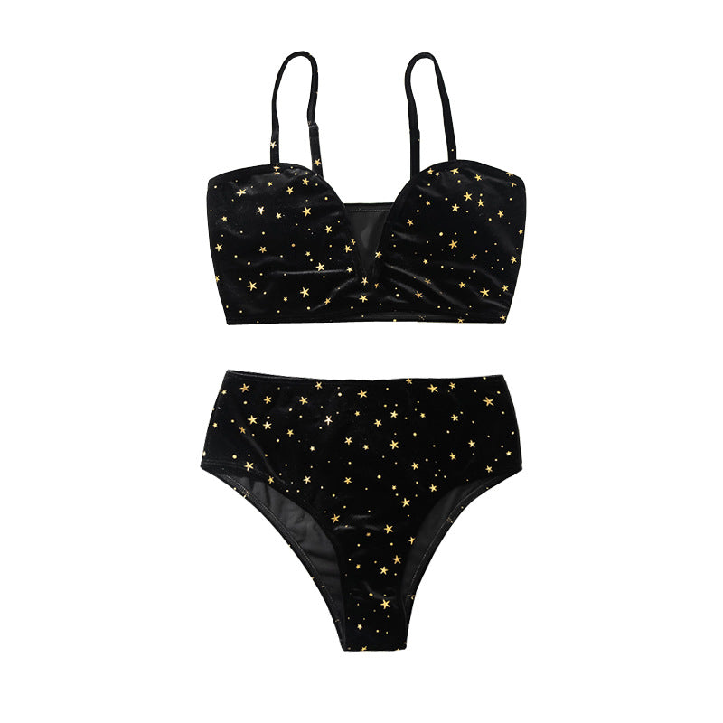 Swimsuit Women Summer Split High Waist Velvet Star Black Spring Swimsuit