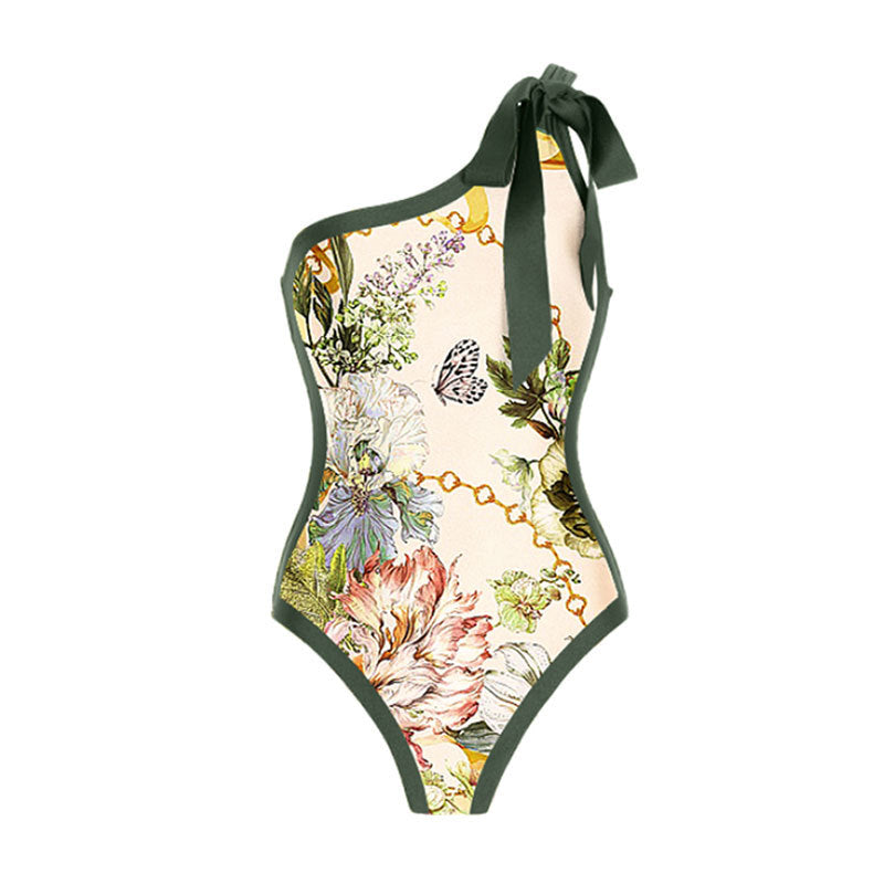 Sexy Swimsuit Retro One Shoulder Swimsuit Bikini Chiffon Beach Skirt Set