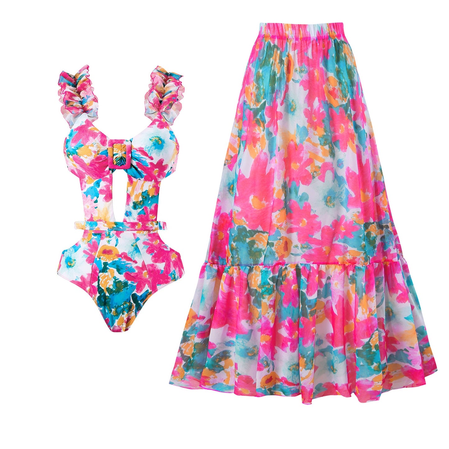 Siamese Conservative Swimsuit Printing Hollow Out Cutout Mesh Wrap Skirt Set Swimsuit