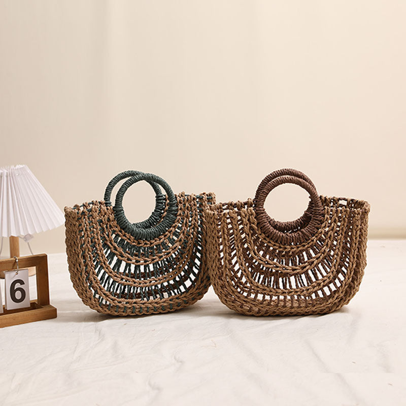Hollowed out Semicircle Portable Straw Weaved Bag Round Handle Contrast Color Straw Bag Woven Bag Women Seaside Vacation Beach Bag