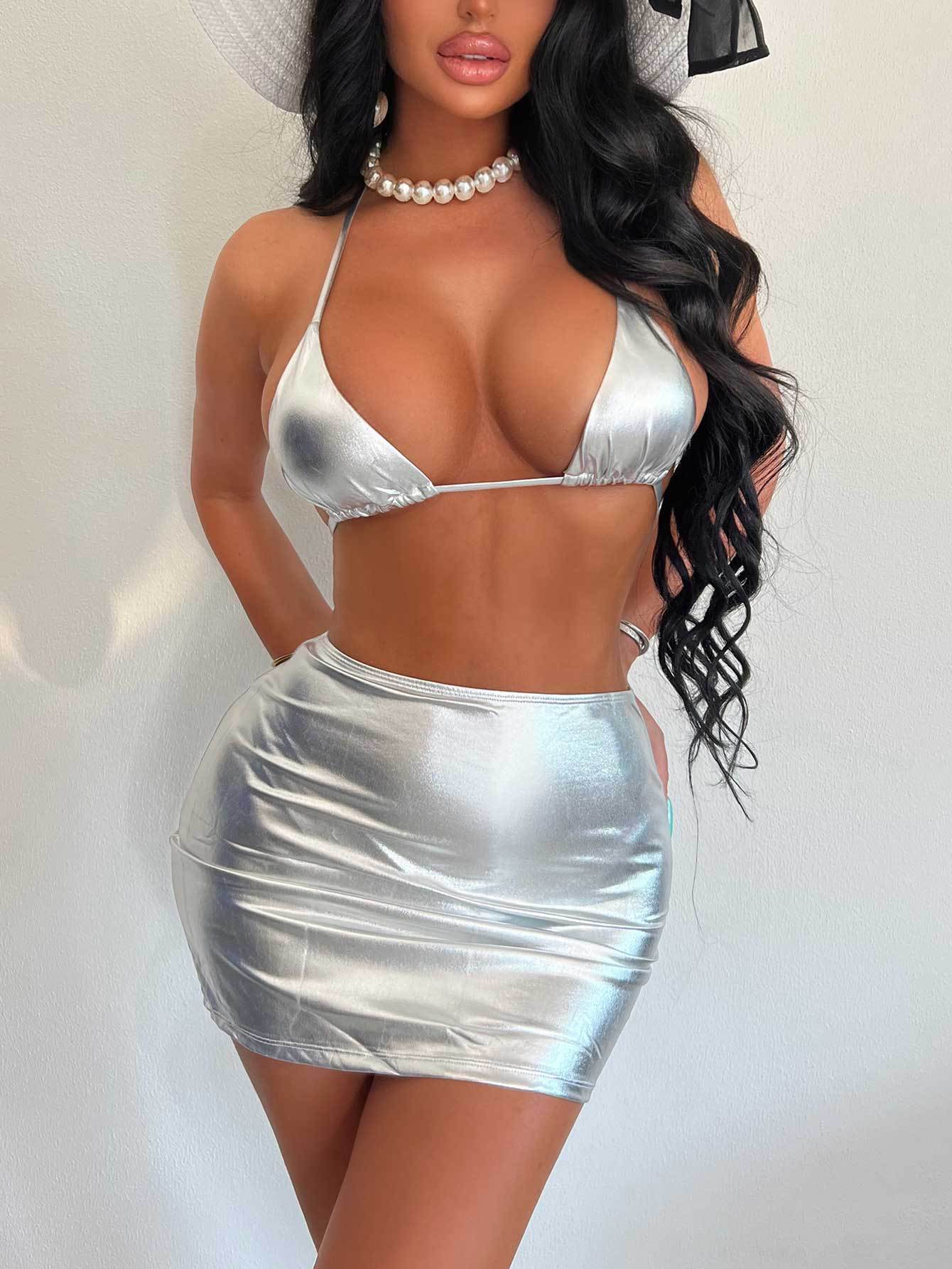 Swimsuit Three Piece Bikini Silver Lace Up Bronzing Swimsuit Three Piece Swimsuit