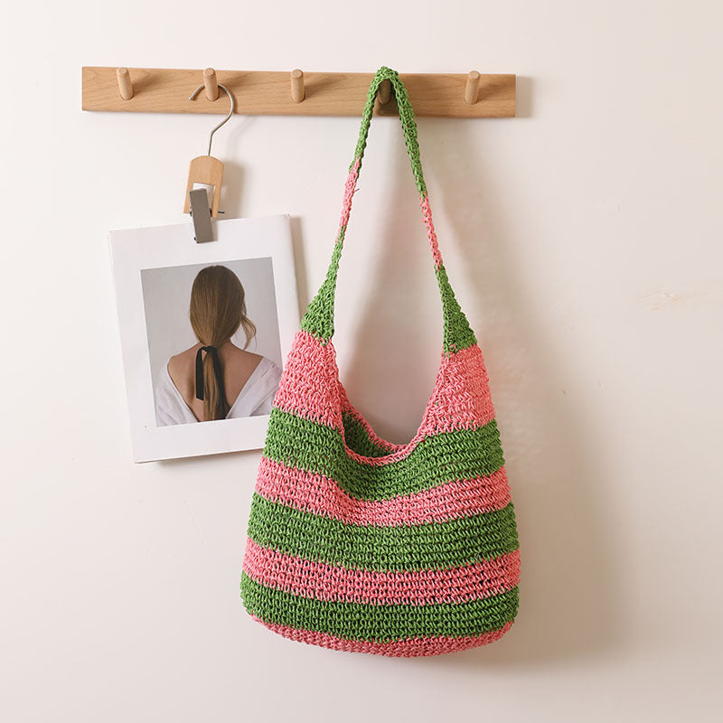 Large Capacity Striped Shoulder Straw Bag Hand Crocheted Straw Bag Woven Bag Seaside Vacation Beach Bag
