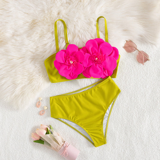 Solid Color High Waist Split Swimsuit Women Tube Top Slip on Floral Bikini