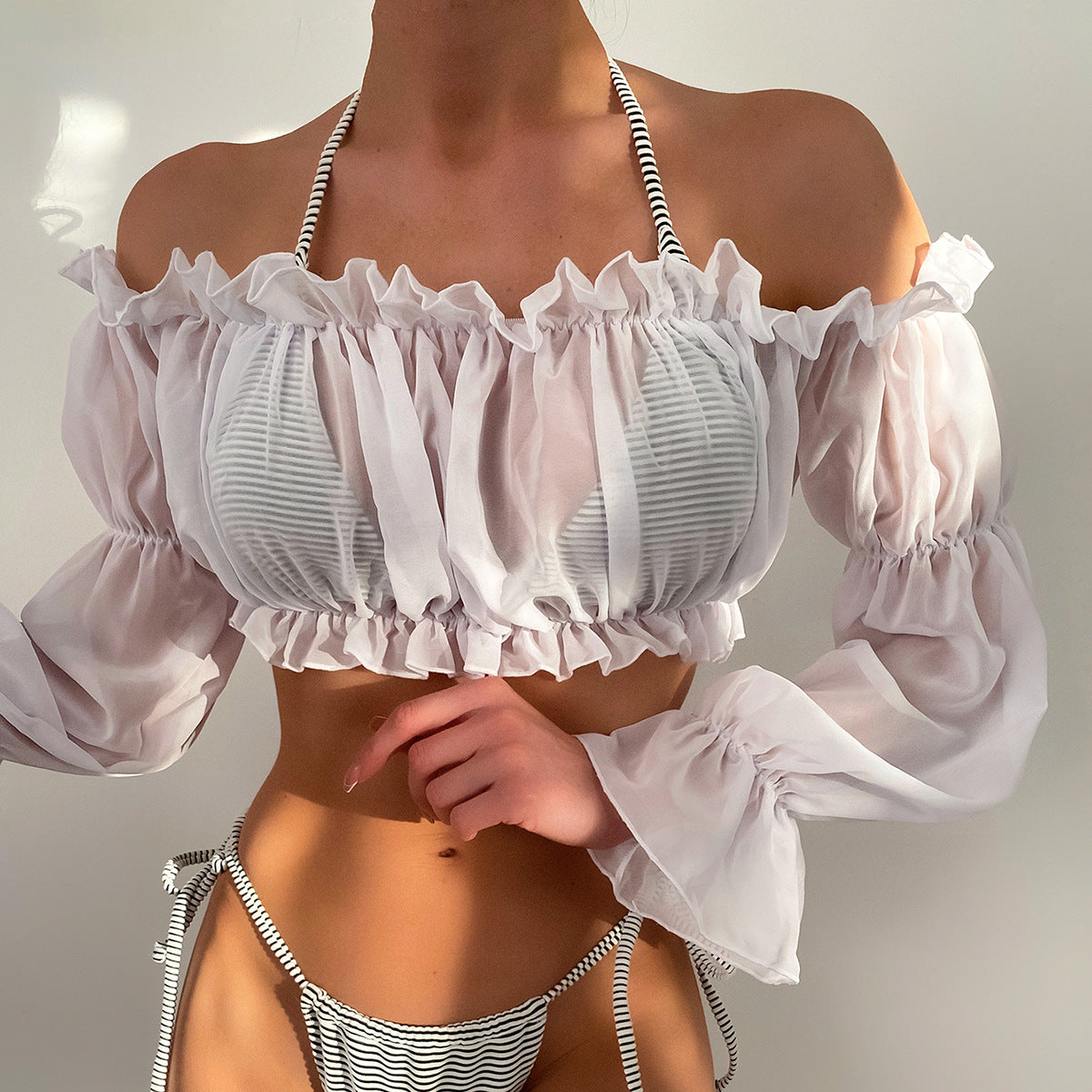 White Chiffon Long-Sleeved Shirt Wrinkle Blouse Beach Swimsuit Women