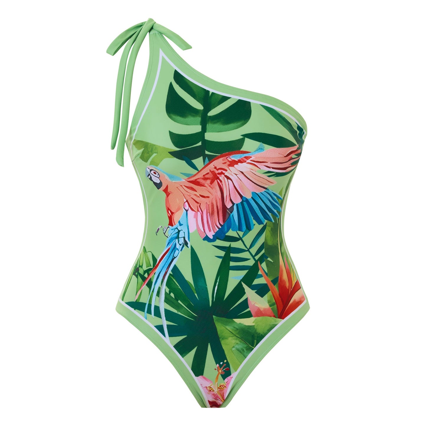 Sexy Swimsuit Women Siamese Triangle Shoulder Polyester Printed Lace up Swimsuit