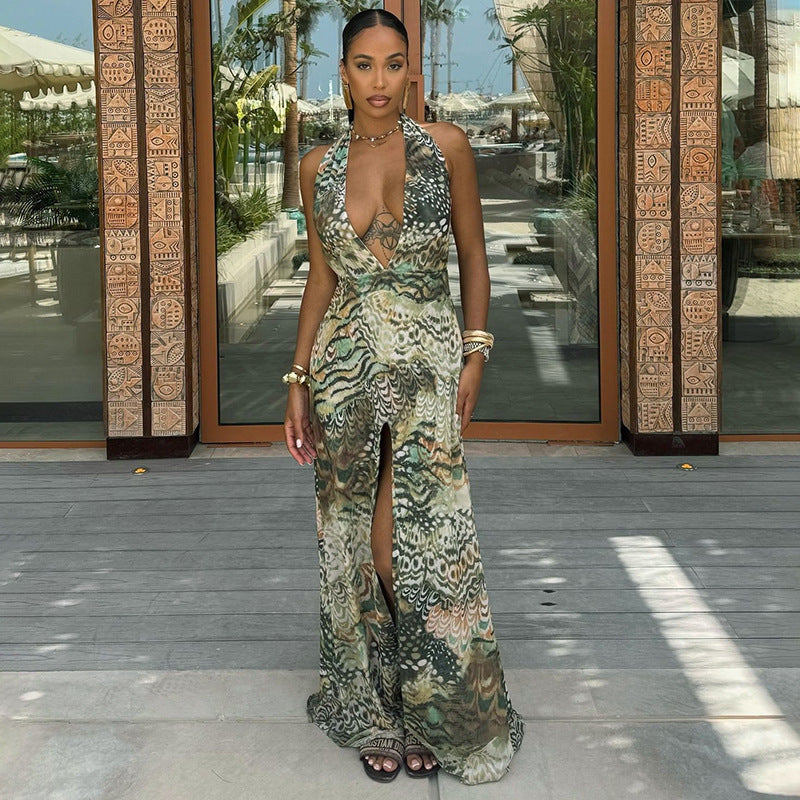 Women Clothing Elegant Halter Deep V Plunge neck Backless Waist Tight Slit Dress Abstract Printing Dress Women