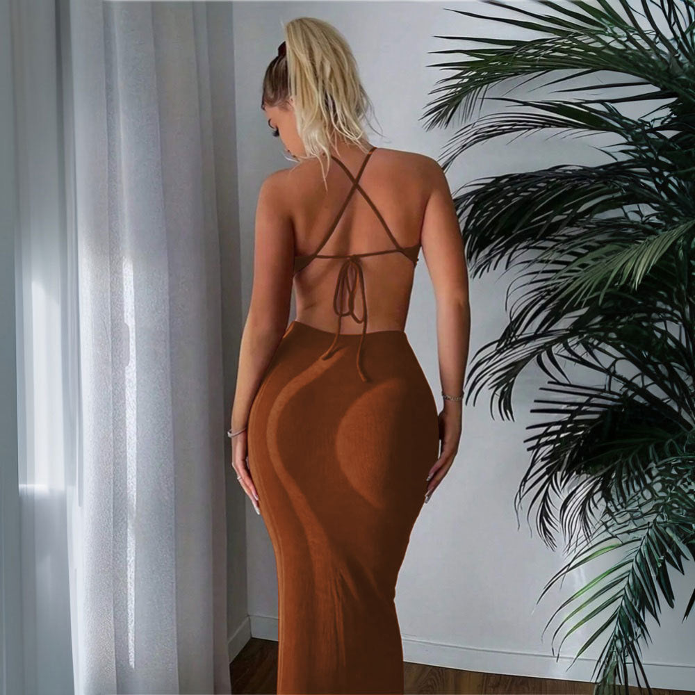 Spring Summer Women Clothing Sexy Backless Lace up Halter Sheath Slim Dress