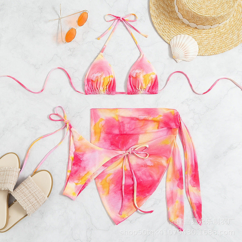 Solid Color Triangle Cup Bandage Sexy Bikini Three Piece Swimsuit