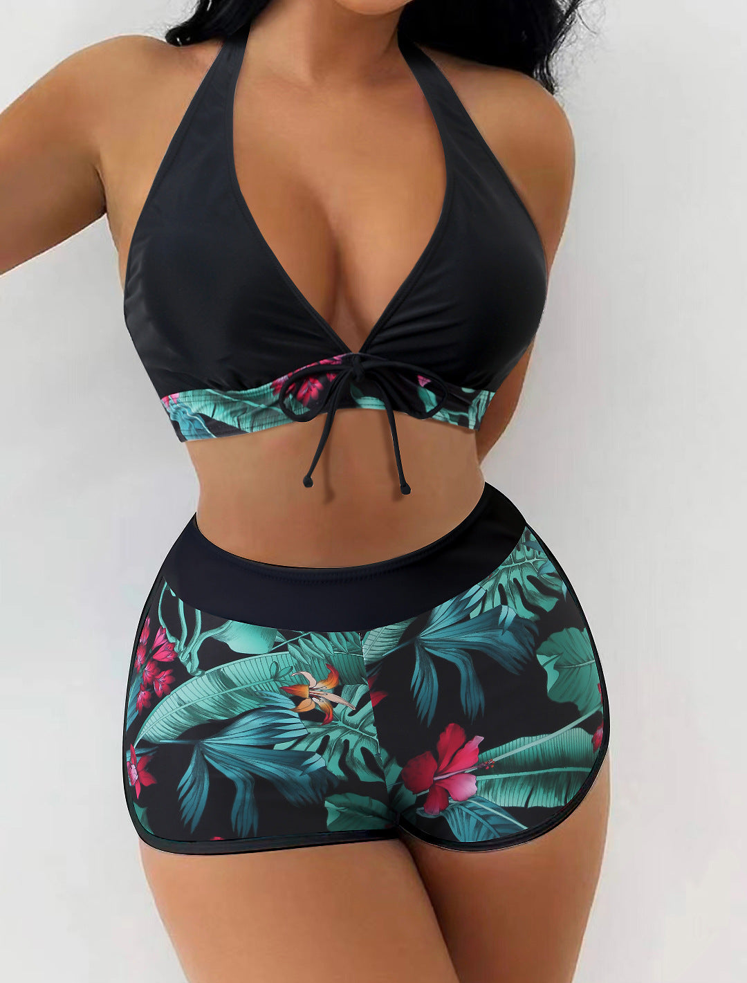 Swimsuit Women Split High Waist Boxer Lace Printing Solid Color Stitching Swimsuit