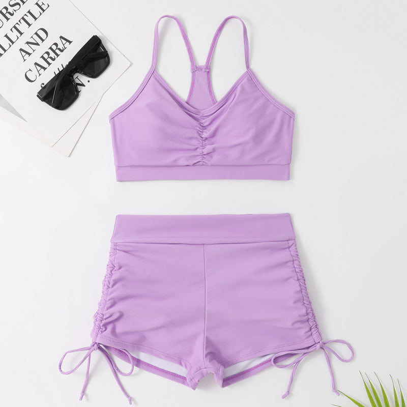 Split Swimsuit Women Solid Color Bikini Sexy Swimsuit Small Chest Push up High Waist Conservative Swimsuit