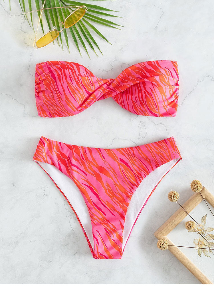 Printed Bandeau Bikini Swimsuit Sexy Backless Split Two Piece Suit Swimwear