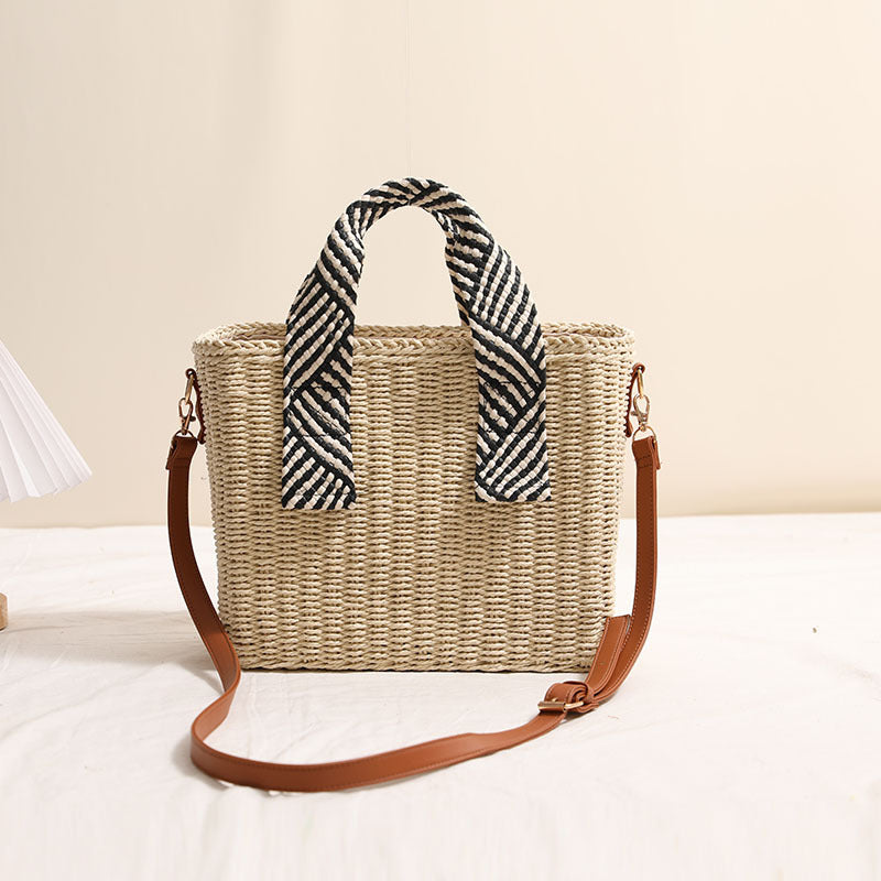 Handheld Straw Bag Square Solid Color Crossbody Woven Bag Vacation Beach Bag Large Capacity Rattan Weave Bag
