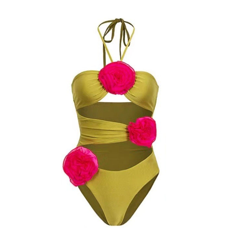 French One Piece Solid Color Women Swimsuit Solid Color Sexy Floral Short Skirt Swimsuit Women Bikini