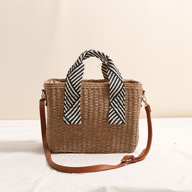Handheld Straw Bag Square Solid Color Crossbody Woven Bag Vacation Beach Bag Large Capacity Rattan Weave Bag