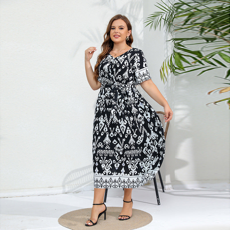 Plus Size Dress Elegant Graceful Elastic Waist V neck Dress
