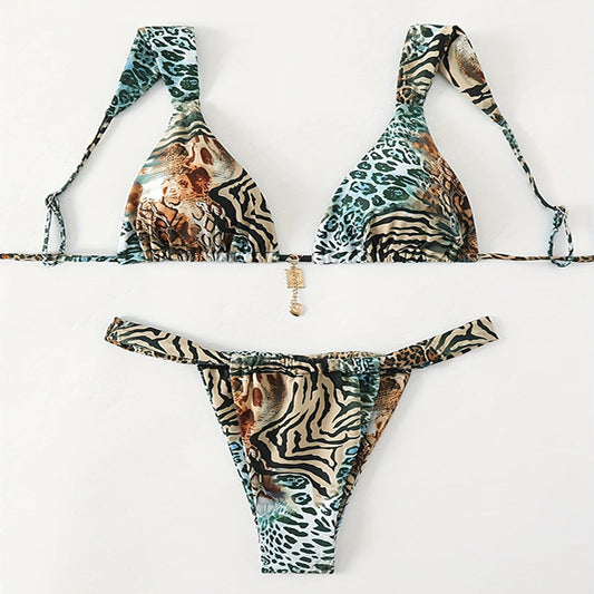 Printed Lace up Swimsuit Women Three Point Sexy Beach Bikini Spring Swimsuit