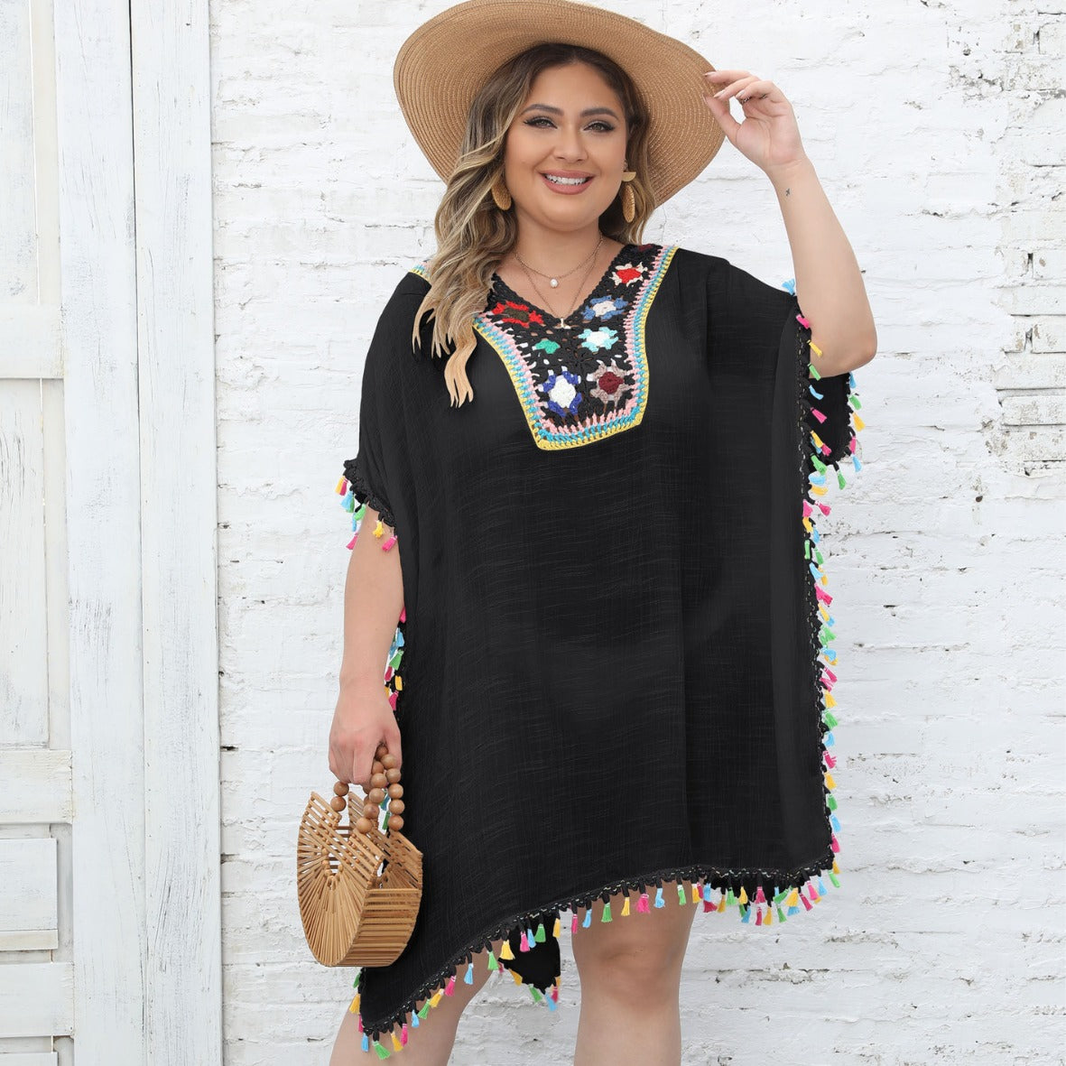 Beach Dress for Ladies Vacation Sun Protection Crochet Stitching Dress Split V neck Blouse