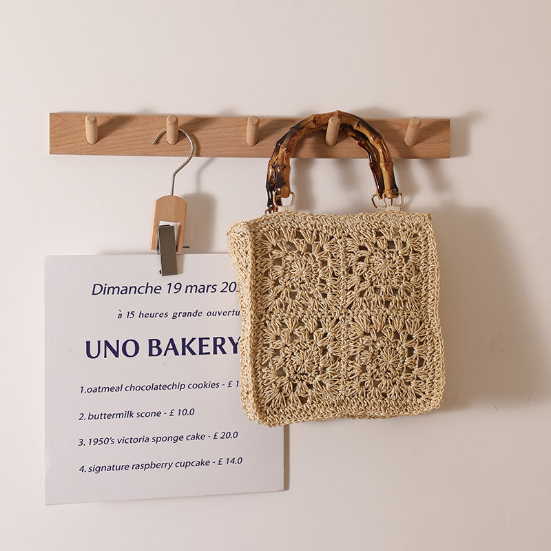 Bamboo Handle Straw Bag Paper String Square Crocheted Women Bag Fresh Casual Woven Bag Beach Bag
