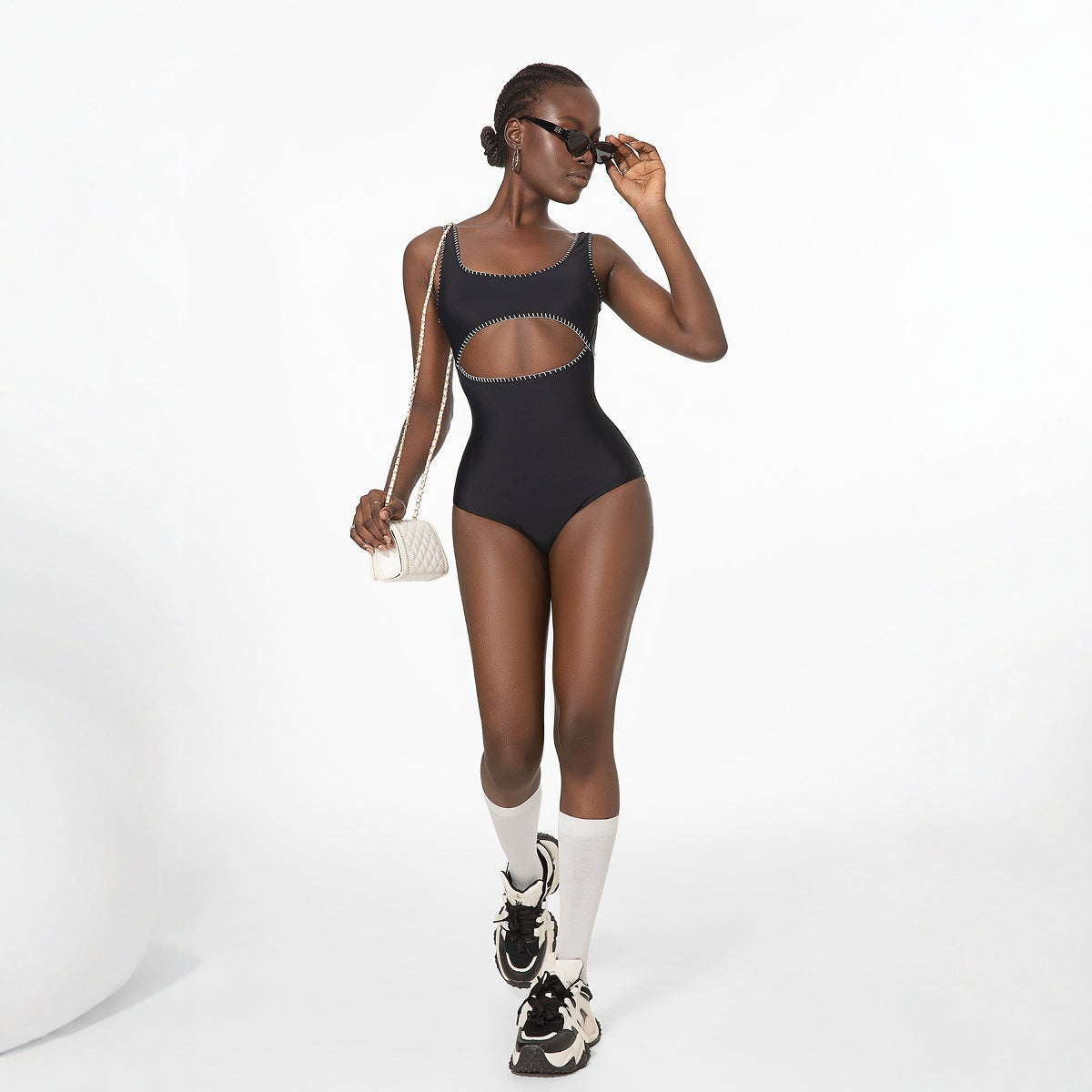 Retro Hook One Piece Swimsuit Women Simple Black Spring Beach Vacation Swimsuit