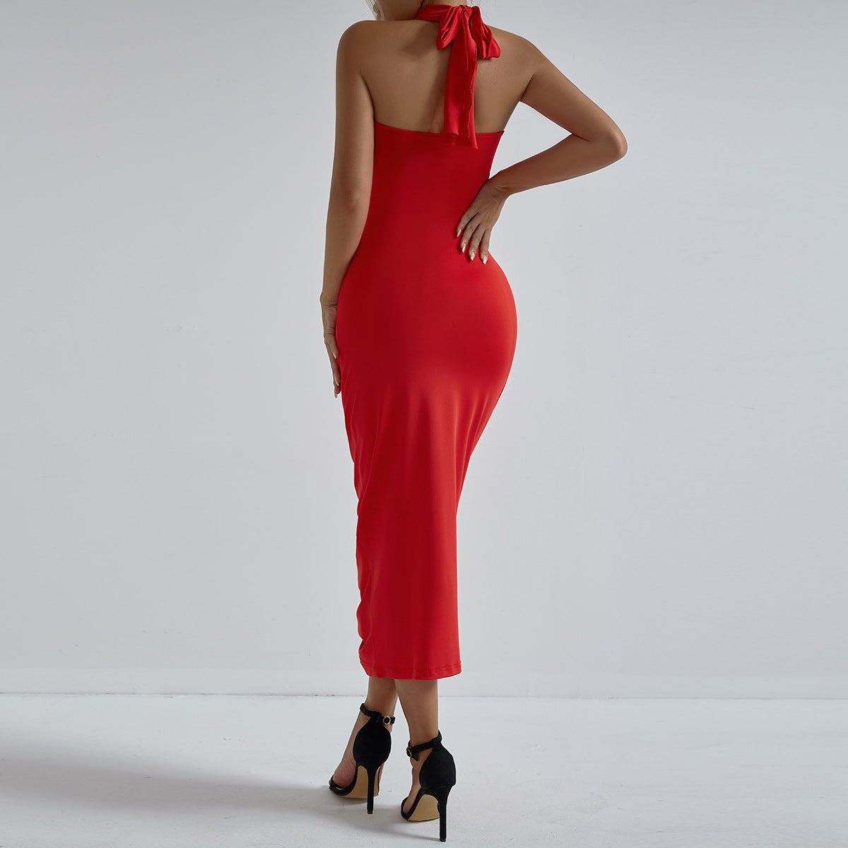 Fashionable Floral Cross Halter Hollow Out Cutout Sexy Chest lattering Dress Elegant Holiday Pleated Hip Dress for Women