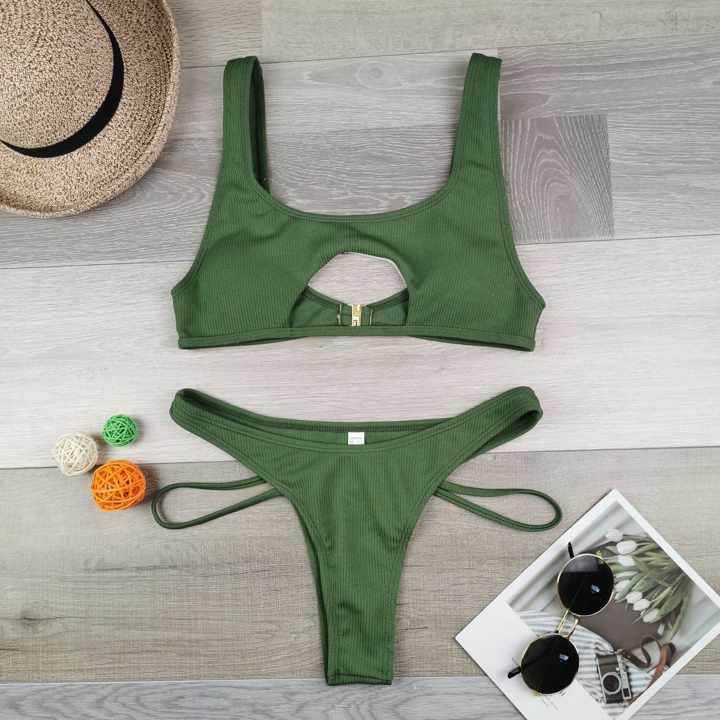 Solid Color Split Hollow Out Cutout Snake Fabric Swimsuit Women Sexy Halter Bikini