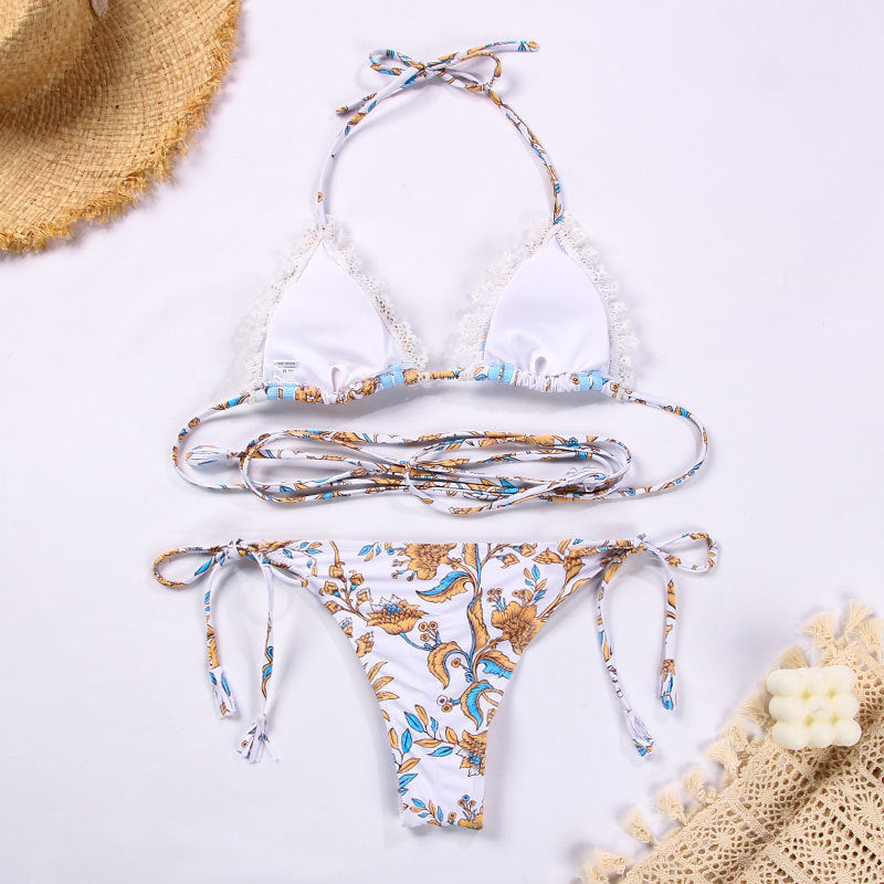 Swimsuit Women Sexy Ribbon Stitching Lace Strap Printing Bikini