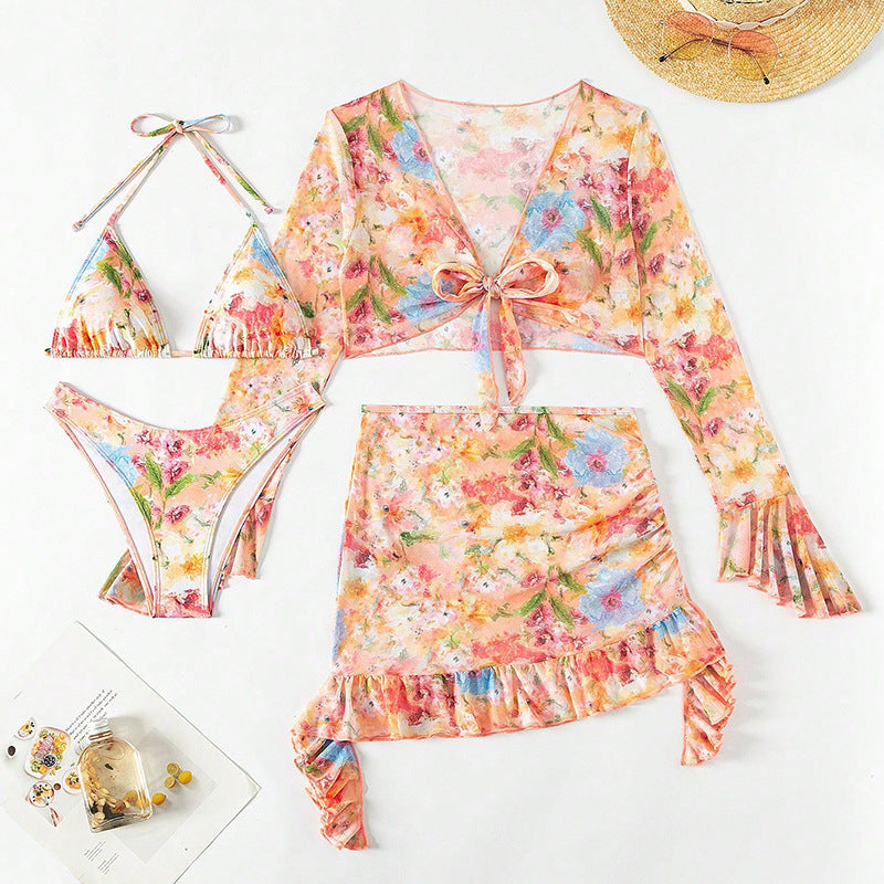 Swimsuit Printing Stylish Beach Dress Bikini Four Piece Suit Swimsuit Women