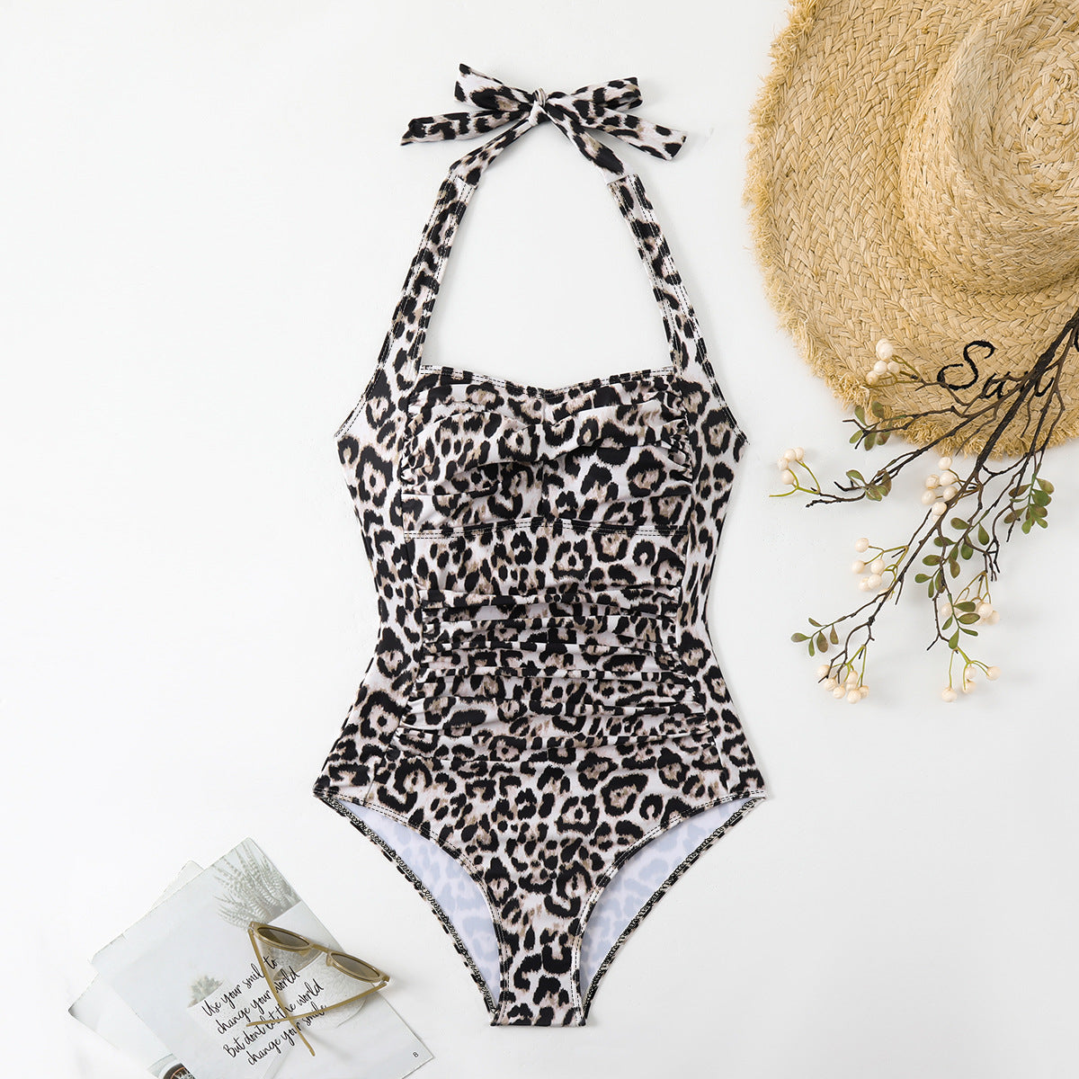 Halter Tether Women Swimsuit Ladies Swimsuit Printed Fabric Summer Beach Swimwear