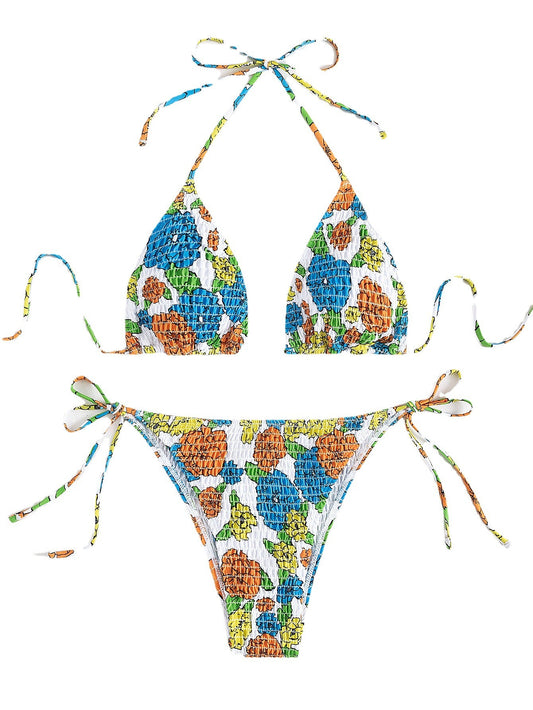 Sexy Lace up Bikini Split Swimsuit Women Pleated Floral Halter Swimsuit Bikini