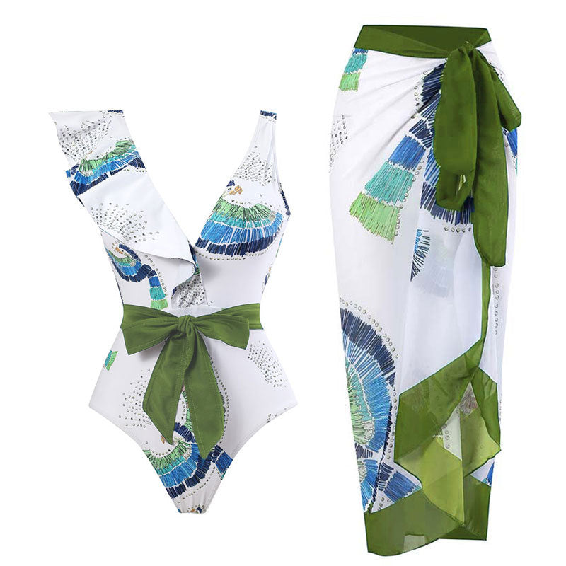 Sexy Swimsuit Women Vintage Ruffled Swimsuit Bikini Chiffon Beach Skirt Set