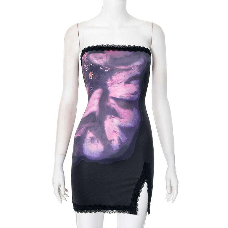 Women Clothing Spring Summer Tube Top Floral Print Lace Trim with Slit Sheath Dress