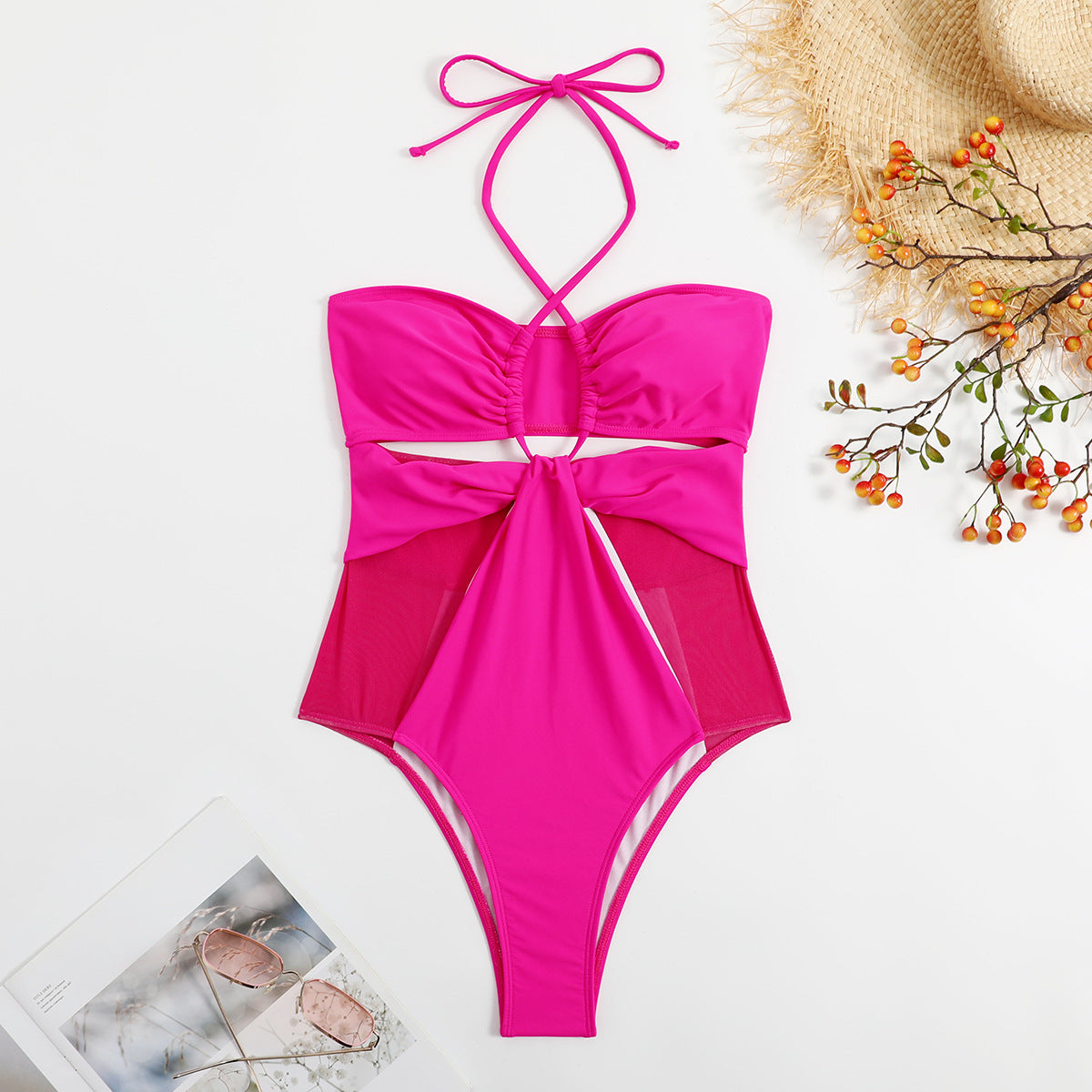 Solid Color One Piece Swimsuit Women Swimsuit Mesh Stitching Rose Red Hollow Out Cutout Siamese Bikini