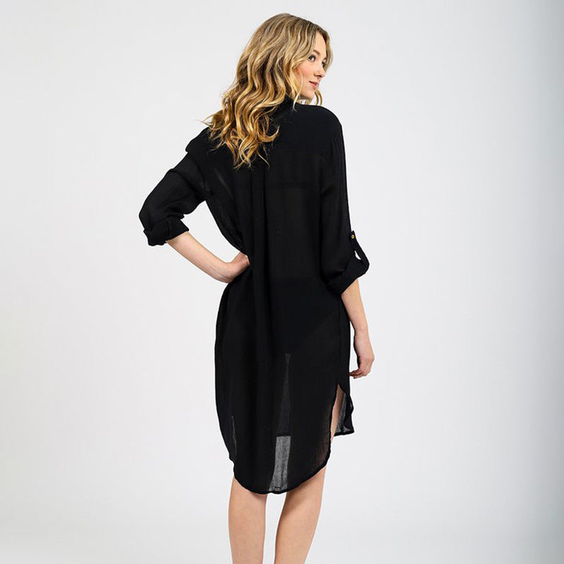 Woven Crepe Shirt Hidden Hook Beach Cover up Bikini Coat Shirt Swimsuit Cardigan Women