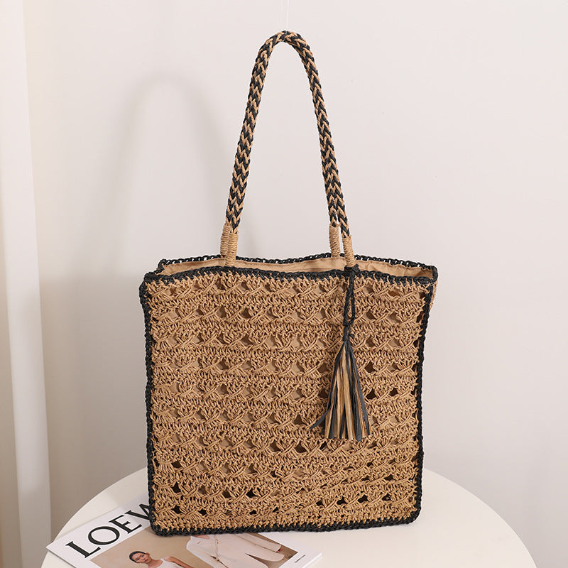 Square Tassel Shoulder Straw Bag Fresh Hollow Out Cutout Handmade Straw Bag Woven Bag Women Seaside Vacation Beach Bag